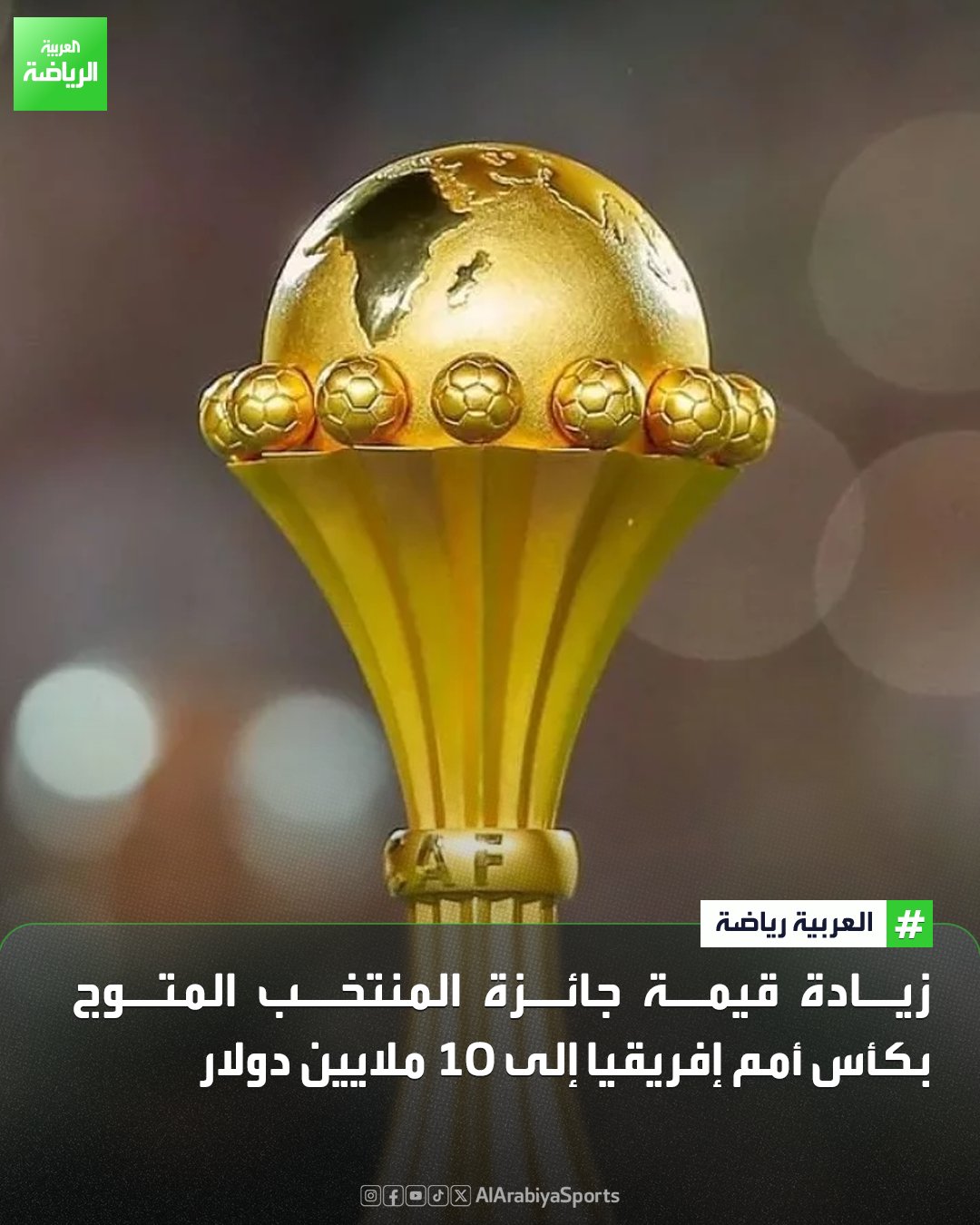 الاتحاد الإفريقي لكرة القدم يعلن زيادة جائزة المنتخب المتوج بكأس أمم إفريقيا من 7 ملايين دولار إلى 10 ملايين دولار 