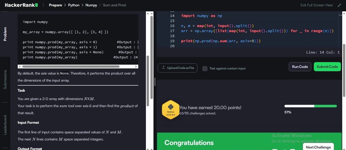MRout75802's tweet photo. Day 90/100 ✅
💡 Challenge: NumPy Sum and Prod
🔹 Calculated column-wise sum using axis=0
🔹 Found product of summed values
🔹 Practiced chaining NumPy operations
#Python #100DaysOfCode #HackerRank #NumPy #ProblemSolving #zigbee https://t.co/msLDpasnRa