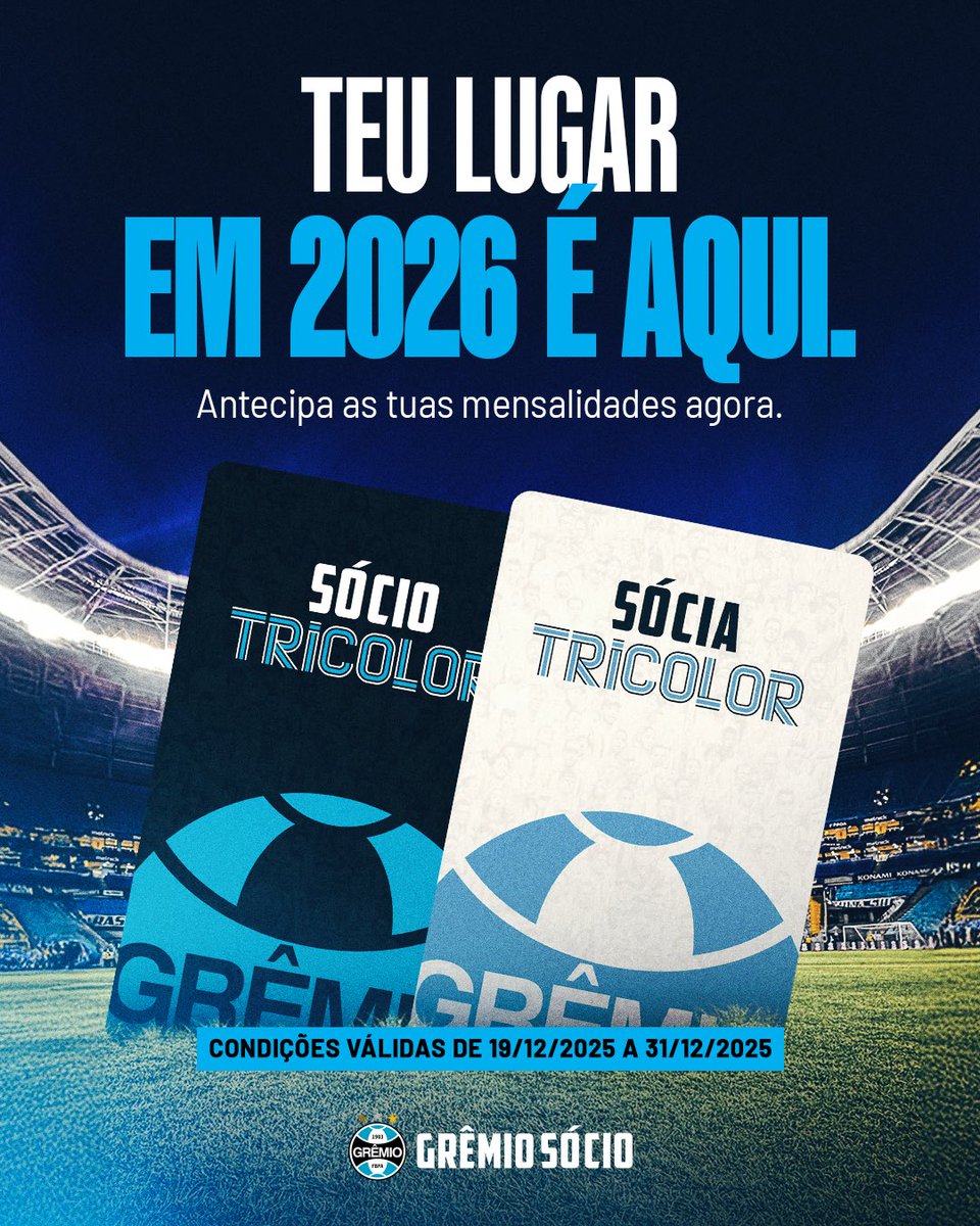 Gremio's tweet photo. Tu antecipa as mensalidades e já fica pronto para curtir nossa casa em 2026! 💙🏟️

Sócio do Tricolor tem desconto e prioridade nos ingressos. Antecipando as tuas mensalidades do ano que vem, tu garante 12% de desconto. Bora?

Não deixe para depois, faz já a tua antecipação! 📲 https://t.co/9GUEcjMtZ0