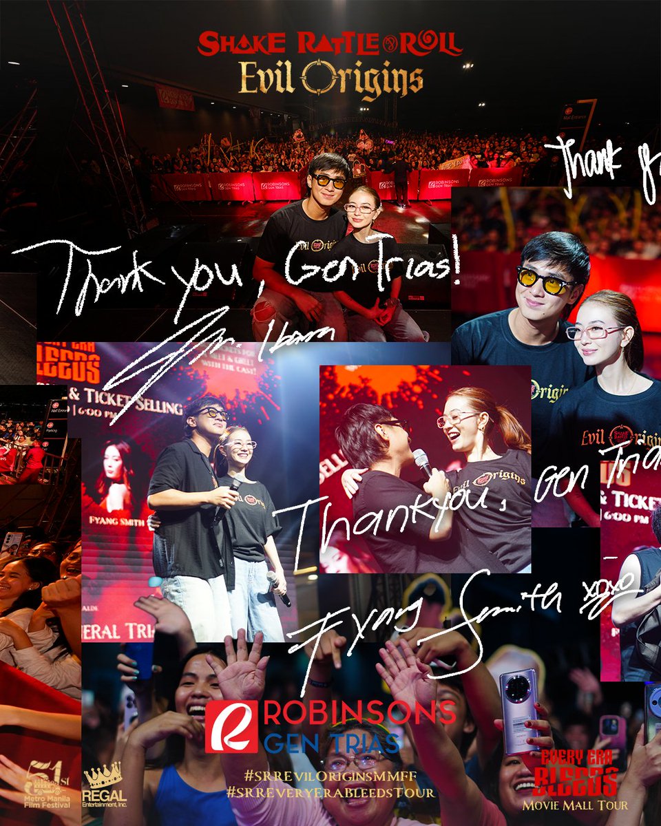 RegalFilms's tweet image. RAMDAM NA RAMDAM NAMIN ANG INYONG MGA SIGAW, ROBINSONS GENERAL TRIAS!!! 🔥😱Salamat sa walang patid na tili—mas lalong nagising ang evil.
#SRREvilOrigins, directed by Shugo Praico, Joey De Guzman, and Ian Loreños.

#SRREvilOriginsMMFF #MMFF51 #MMFF2025 #FilipinoHorror