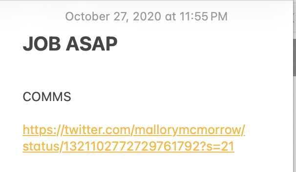 In 2020, campaigns were ending and I saw a rising star Michigan State Senator post a JD for a digital gig on Twitter.

That's how I first discovered <a href="/MalloryMcMorrow/">Mallory McMorrow</a>.

So if you're getting started in politics and want to make cool stuff on a cool campaign – come work with us :)