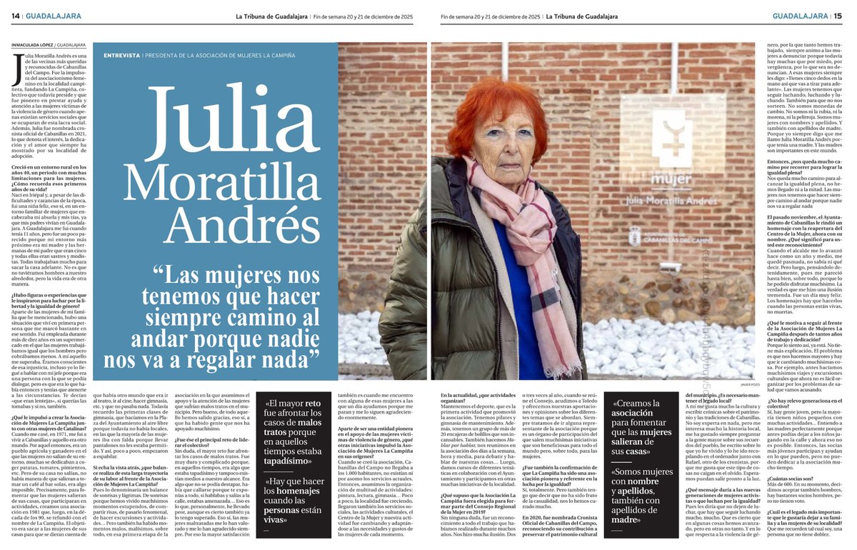 JULIA MORATILLA, EN LA TRIBUNA

El semanario <a href="/TRGuadalajara/">La Tribuna de Guadalajara</a> publica en su número de este fin de semana esta interesante entrevista de la periodista Inmaculada López Martínez a Julia Moratilla Andrés, presidenta de la Asociación de Mujeres "La Campiña" de Cabanillas del Campo.