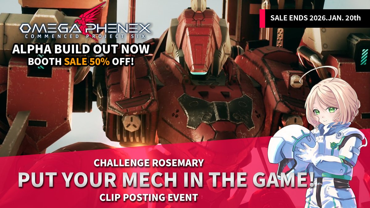 Content creators and #mech lovers, do you want to put YOUR mech in my game?  Build your own mech, challenge one of our strongest opponents, ROSEMARY (<a href="/kisa_vtuber/">季沙/Kisa🫖</a>), and post the clip with #OmegaPhenex ! The coolest battle will be awarded with being implemented as a fightable NPC!