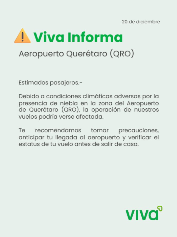 VivaTeEscucha's tweet photo. #VivaInforma #AvisoImportante #AeropuertoQueretaro #QRO ⚠️🌫️

Entérate del estatus de tu vuelo dando clic aquí 
👉 https://t.co/XYD0VXN859

Consulta información relacionada desde el siguiente enlace 👉 https://t.co/ihF9ENKpT6 https://t.co/YTEQTd6R5S