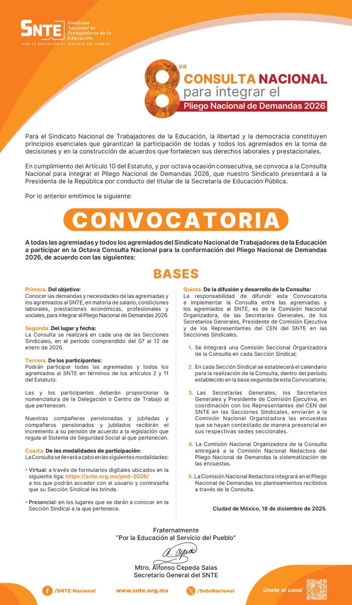 Para el Sindicato Nacional de Trabajadores de la Educación, la libertad y la democracia constituyen principios esenciales, en este contexto por octava ocasión, se convoca a las y los agremiados al SNTE, a participar en la conformación del Pliego Nacional de Demandas 2026.

#SNTE