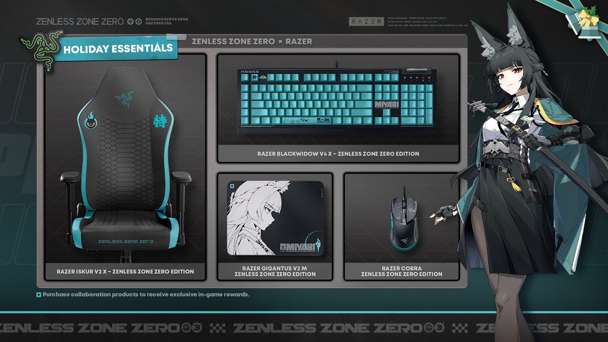 Razer's tweet image. Enjoy a little holiday cheer, Miyabi style. Bring a touch of Section 6 composure to your setup with the Razer | Zenless Zone Zero Collection: rzr.to/zzz 

@ZZZ_EN #ZZZero #RazerZZZ