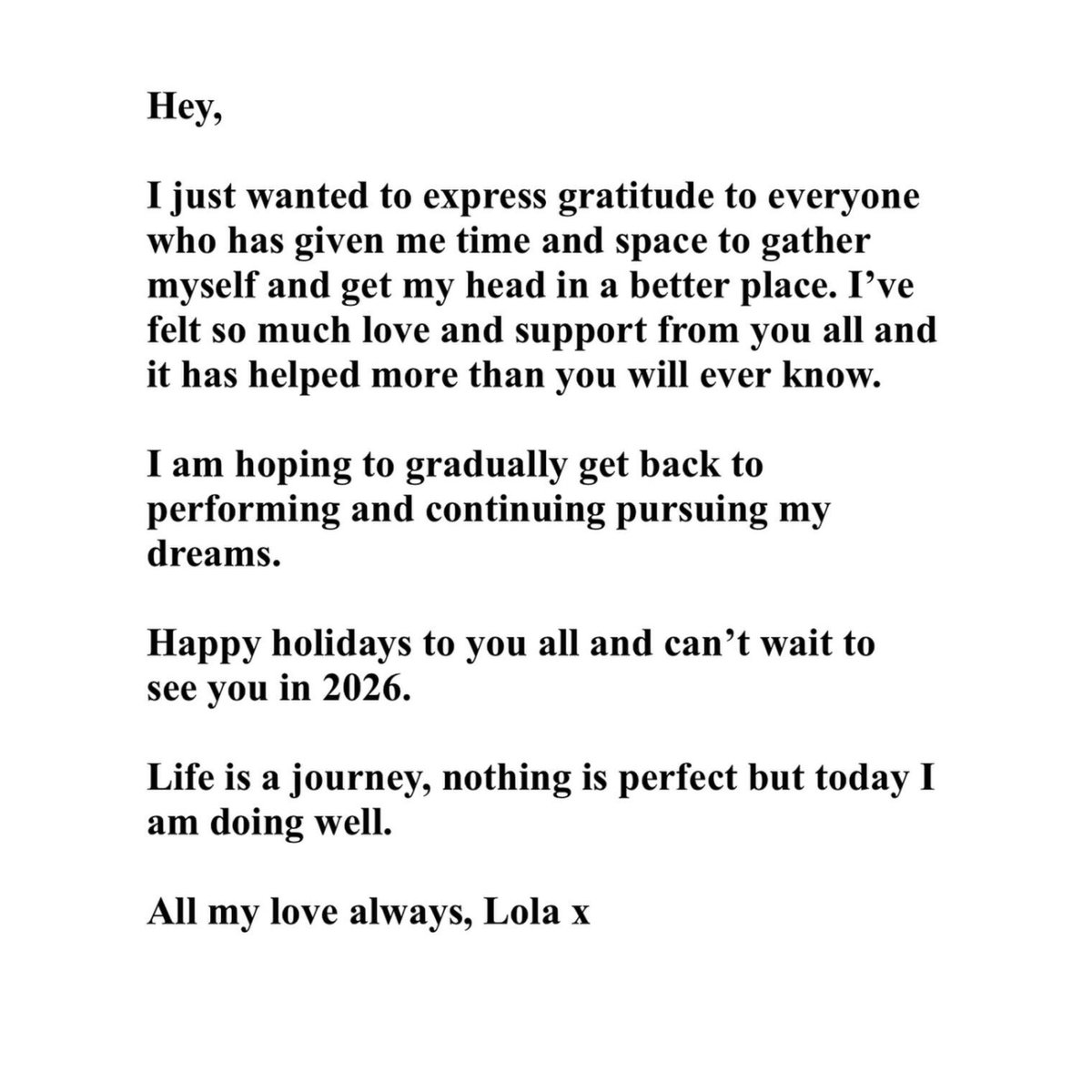 PopCrave's tweet image. Lola Young shares first message since September after taking time away from the public eye.