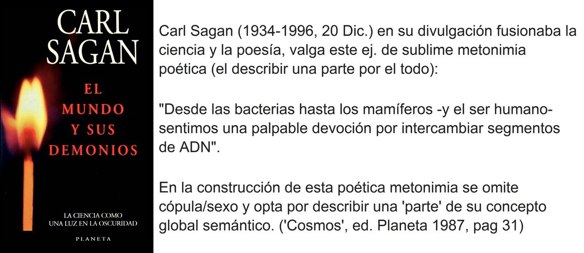 galaxia453's tweet image. #EspaisdeCiència Un #20D 1996 ens va deixar #CarlSagan un gran comunicador de la #ciència🛰️🔭🔬🧬,va ser u dels primers a advertir-nos de la #desinformació #conspiranoias👽.✍️“El món i els seus dimonis”: Les creences y les🛐NO poden estar per sobre la raó i el @metode_esp #Poesía