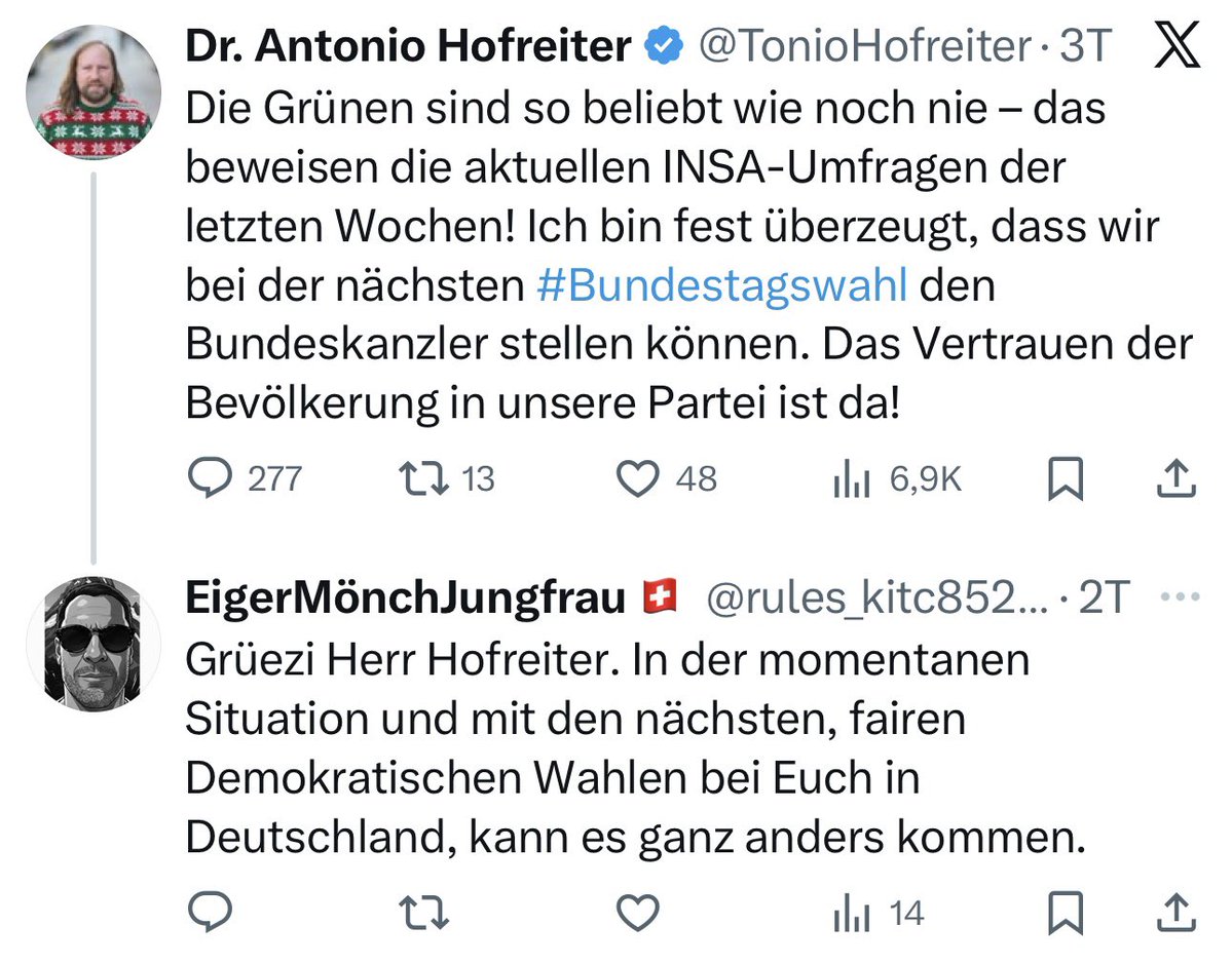 <a href="/rules_kitc85286/">EigerMönchJungfrau🇨🇭</a> Ich bin übrigens eine Frau. Aber süß, wie viel Mühe du dir für so einen flachen Kalauer gibst. 

P.S.: Schon lustig, wie man(n) auf einen Parody-Account hereinfällt 😅