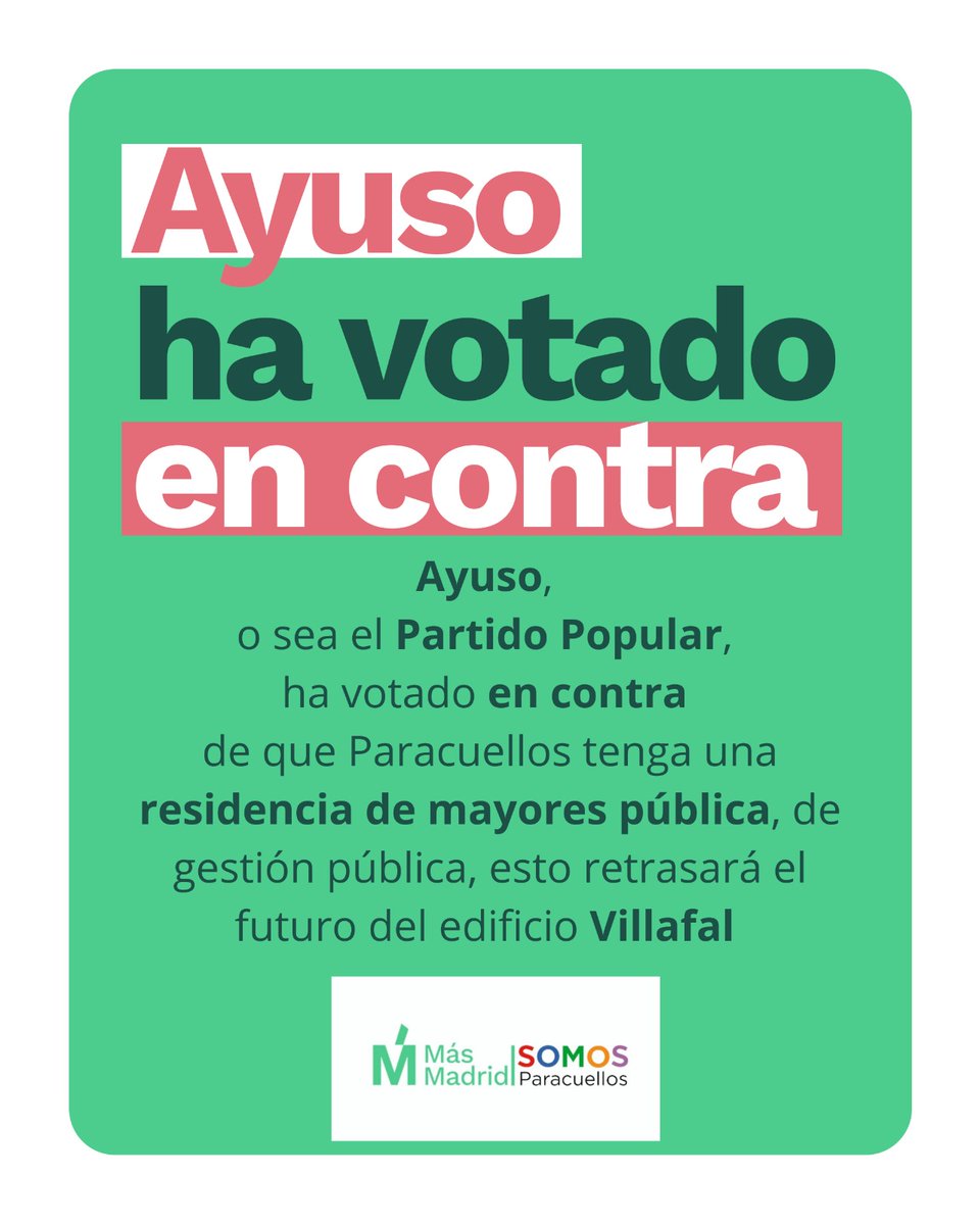 Una vez más, nosotras escuchamos a las vecinas y vecinos, se lo decimos a Ayuso y nos da la espalda. Otro año más nos quedamos sin residencia pública para nuestros mayores y sin ver la construcción del nuevo centro de salud.

facebook.com/permalink.php?…