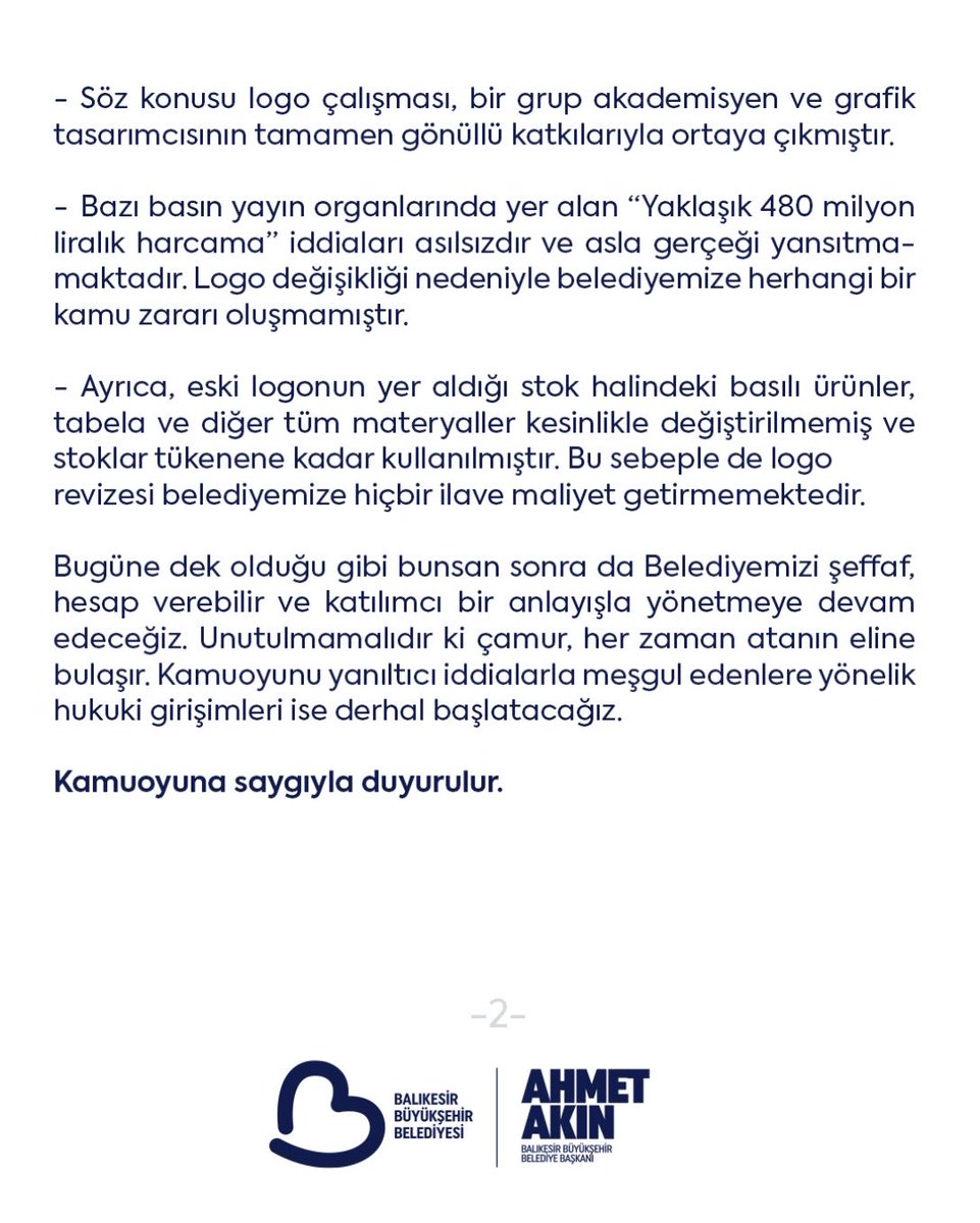 KAMUOYU DUYURUSU

Bazı basın yayın organları ve sosyal medya mecralarında, Belediyemize ve şahsıma İçişleri Bakanlığı tarafından “soruşturma izni verilmesi” kararına ilişkin yer alan haberlerde kamu zararı gibi gerçekle ilgisi olmayan ifadeler hakkında:
 
-Soruşturma izni