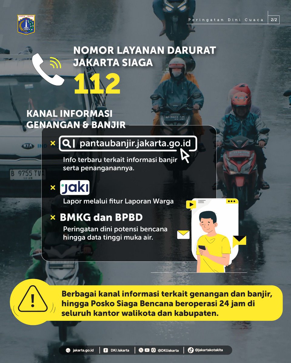Untuk Masyarakat KotaJakarta hati hati dijalan. Peringatan dini cuaca 20 -26 Des 2026

Jika ada keadaan darurat, silakan kontak Jakarta Siaga 112