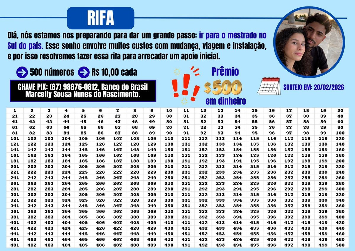 celluloze's tweet image. Olá❤️ estamos realizando essa rifa para ajudar a custear nossa ida ao mestrado. Se puder ajuda comprando 1 número ou divulgando, agradeço imensamente ❤️❤️ 

a chave pix é: (87) 98876-0812

Link da Rifa para que possa comprar e compartilhar: rifaup.com.br/rifas/1jWvwtUW…