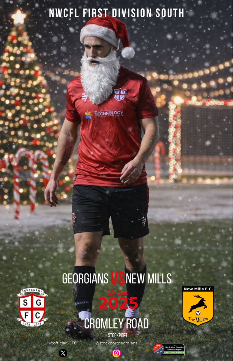 𝗜𝗧’𝗦 𝗠𝗔𝗧𝗖𝗛𝗗𝗔𝗬!

We host <a href="/NewMillsFC/">New Mills Football Club</a> in our final game of the calendar year. We’ll have a big festive feel at Cromley Road with plenty of food and drinks options, please come along and support boys!!

🟥⬛️🟥⬛️

#upthegeorgians