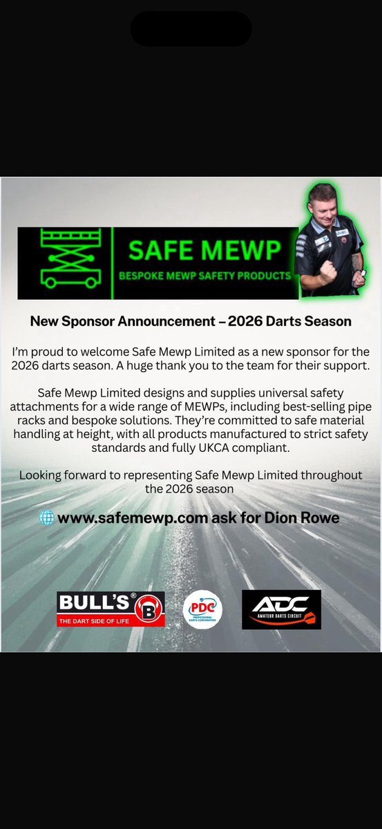 🚨 🎯 New Sponsor Announcement - 2026 Darts
Season 🚨 🎯 
I’m proud to welcome Safe Mewp Limited as a new sponsor for the 2026 darts season. A huge thank you to the team and Dion Rowe for their support.

safemewp.com please ask for Dion Rowe!!  #Pdc #adc