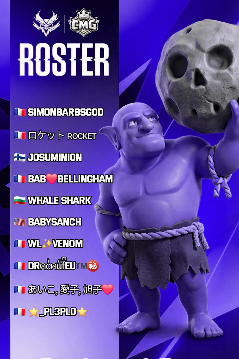Avec un peu de retard, nous annonçons enfin notre liste de joueurs pour la <a href="/CMG_Cup/">CMG Cup</a> !

<a href="/ShadowLePenda/">titi ♠️</a>
<a href="/coreplayaprime/">Core Playa 杰勇</a>

Player :
🇫🇷 <a href="/Simonpottier5/">Simonbarbsgod</a>
🇫🇷 <a href="/rocketxcr/">RocketXCR</a>
🇫🇮 Josuminion
🇫🇷 <a href="/Babouche2CR/">Babouche2CR</a>
🇧🇬 Whale Shark
🇺🇸 <a href="/boy_zparty/">BabySanch</a> 
🇫🇷 <a href="/Venom_CR1/">Venom_CR1</a>
🇫🇷 @Vixctor_2108
🇫🇷 <a href="/ynsfnbr/">Ynsfn</a>
🇫🇷 ⭐_PL3PL0⭐