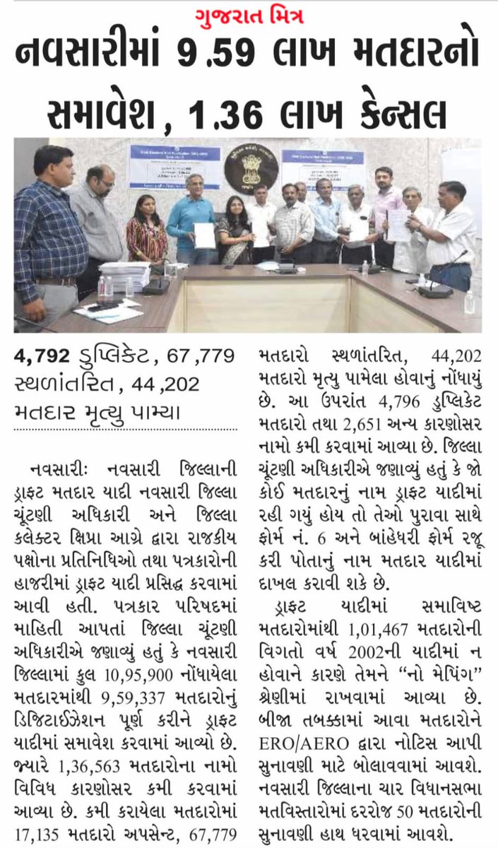 DyDEO_Navsari's tweet photo. અત્રેના જિલ્લાનાં મે.જિલ્લા ચૂંટણી અધિકારી અને કલેક્ટરશ્રી, નવસારી દ્વારા પ્રેસ કોન્‍ફરન્‍સમાં Special Intensive Revision (SIR) અંતર્ગત અગાઉની કામગીરી વિષે સમજણ આપવામાં આવી.

#SIR #ECI #ElectoralRoll
@CEOGujarat @ECISVEEP @CollectorNav https://t.co/PckKhEbblG