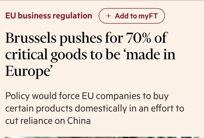 Europe outsourced its heavy industry to China so it could focus on more regulations.

Europe now has the highest electricity prices, the heaviest regulation, and the highest taxes in the developed world...  and it’s getting exactly what those policies produce: