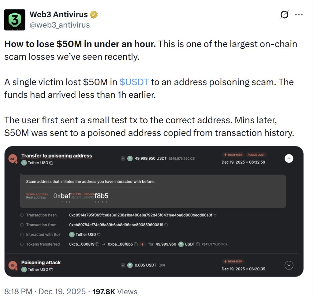 🔴COINTELGRAPH: 🚨 ALLERTA: Un errore di copia e incolla ha inviato quasi $50 milioni di USDT a un indirizzo truffa! Ecco come proteggerti.