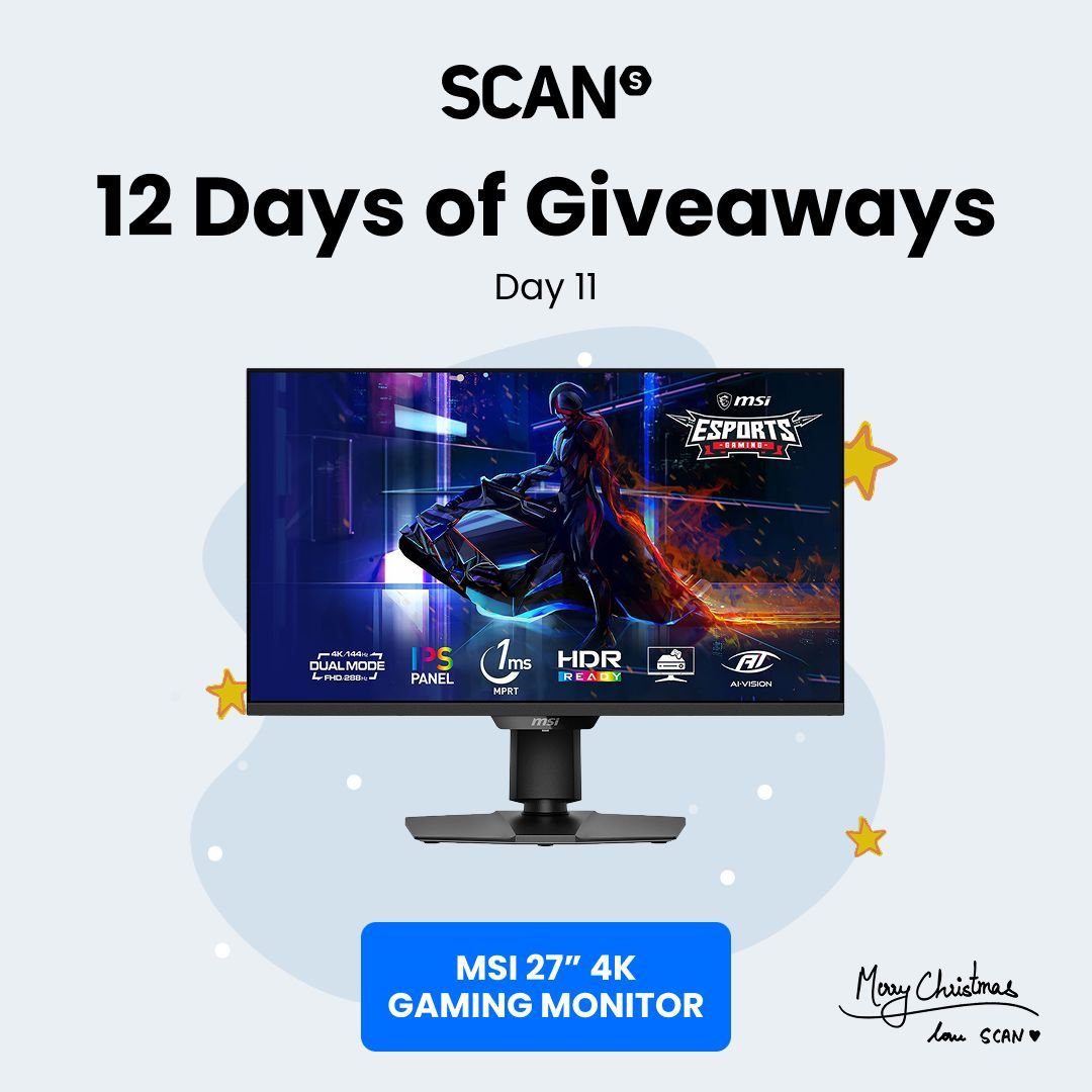 ScanComputers's tweet image. 🚨 12 Days of Giveaways – Day 11 prize drop 🚨

Today’s prize: an MSI 27" 4K Gaming Monitor with a dual-mode display – switch between 4K at 144Hz or Full HD at 288Hz depending on how you play.
A strong upgrade for any setup.

Enter here for a chance to win –…