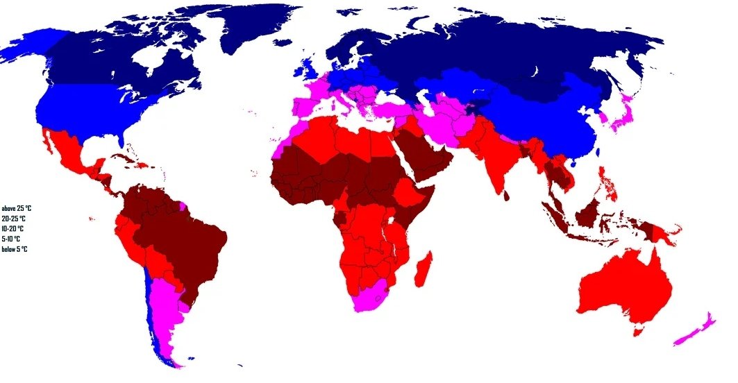 RedMaps11's tweet image. World Map Average Yearly Temperature

Blue - Cold
Pink - Warm 
Red - Hot