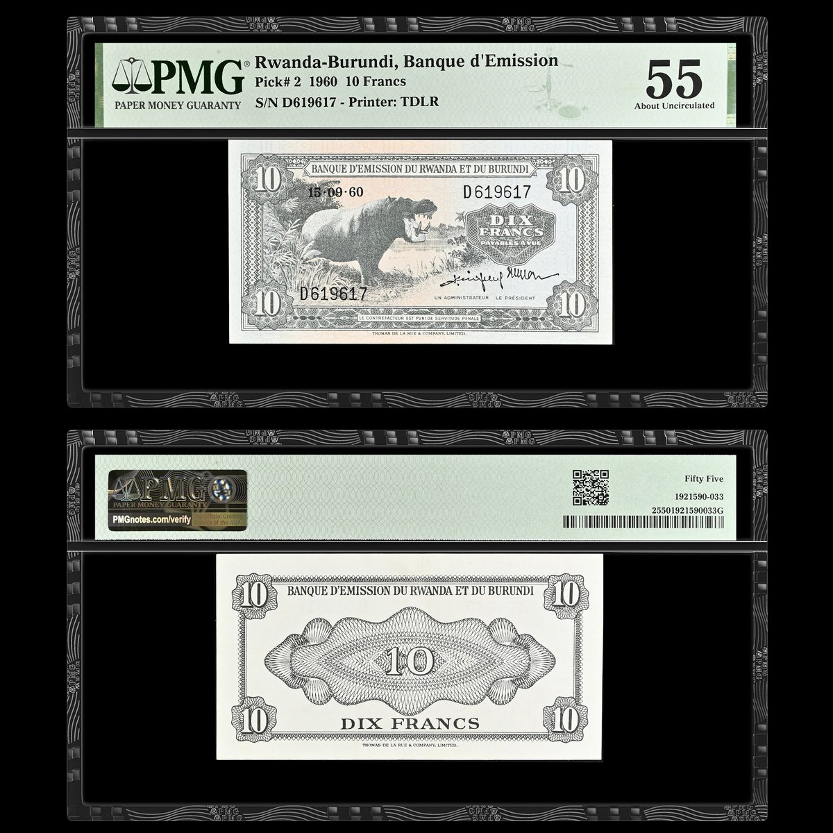 PMGnotes's tweet photo. Note of the Day: Today we are very carefully adding the hippopotamus on this Rwanda-Burundi 1960 10 Francs to the #PMGzoo. Hippos are among the world’s most dangerous animals to humans; they kill hundreds of people every year. #hippo #hippopotamus #rwanda #burundi #francs https://t.co/wFf24jd4tC