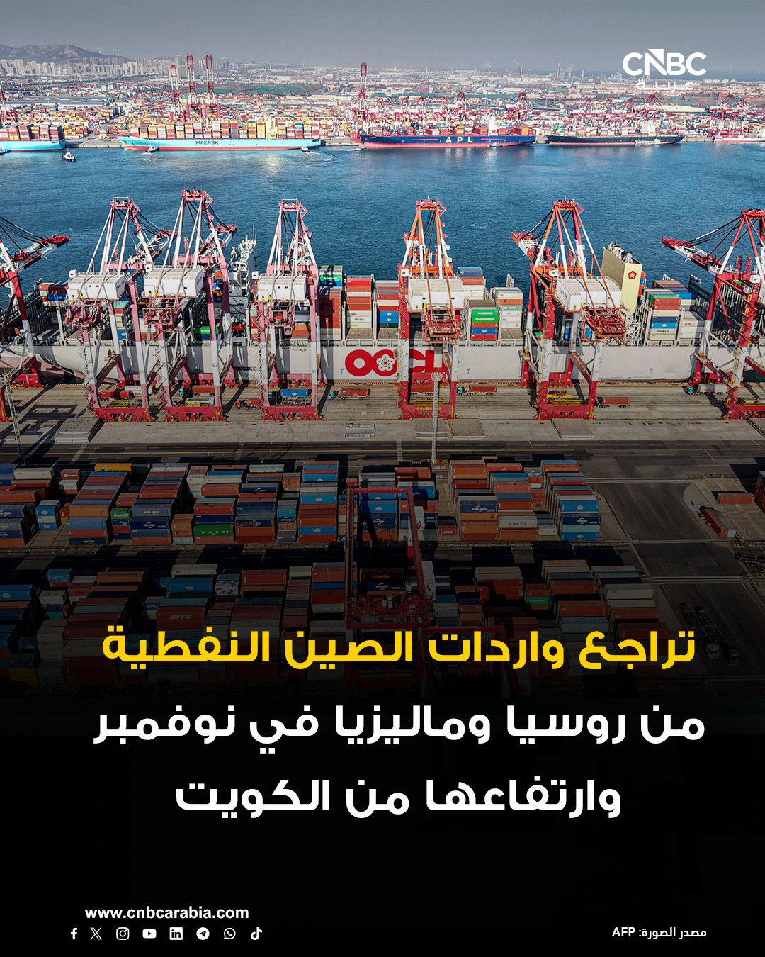 واردات الصين من النفط الخام من روسيا، أكبر مورد لها، انخفضت بنسبة 3.4% لتصل إلى 8.35 مليون طن على أساس سنوي في نوفمبر/تشرين الثاني، أي ما يعادل 2.03 مليون برميل يوميًا، مقارنة مع 9.11 مليون طن في أكتوبر/تشرين الأول. 