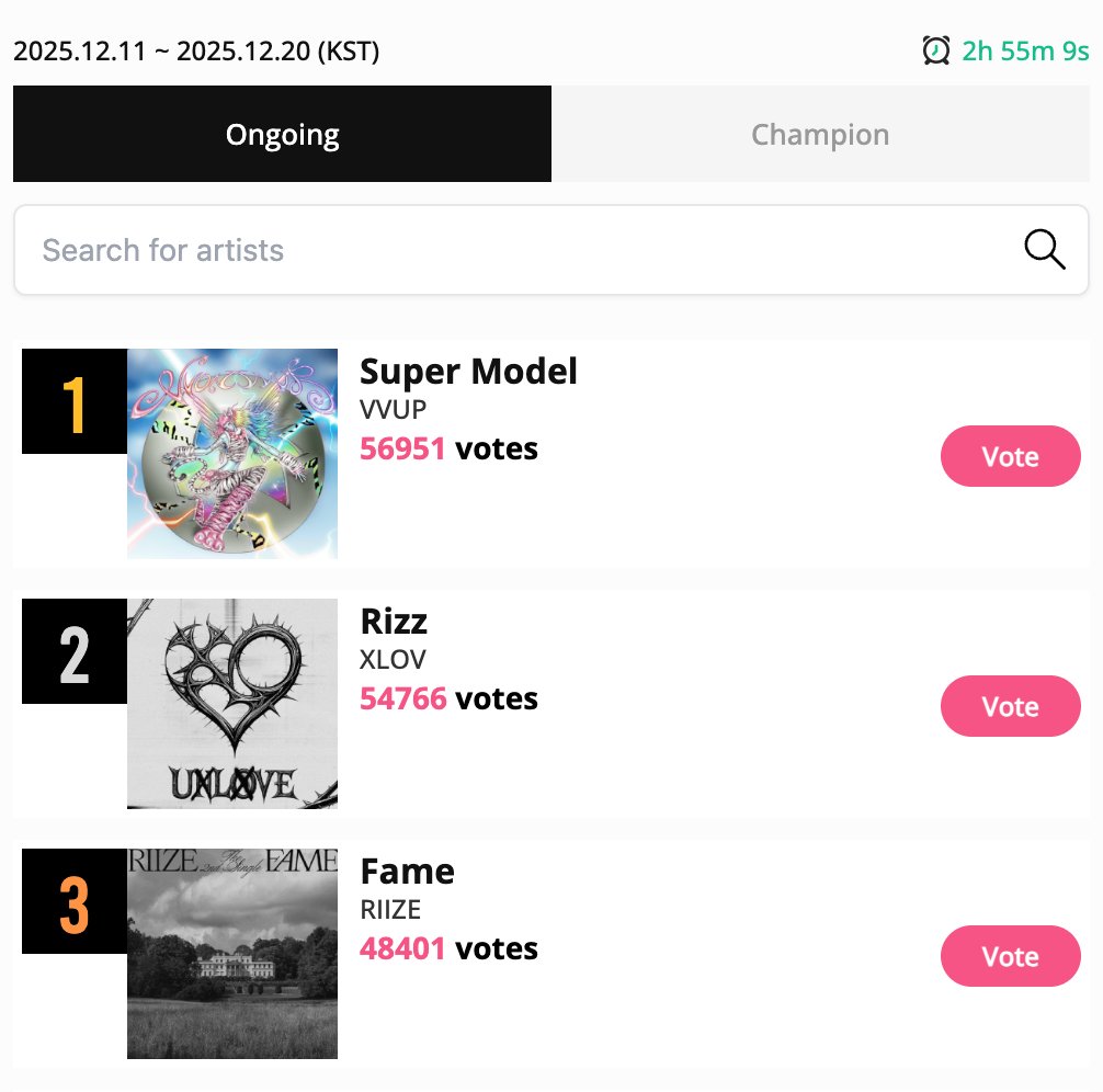 starvibe2015's tweet photo. 📢 Top Comeback Track of Nov!
⏰Less than 3 hours left — still among the top contenders !

🎁 Winner’s Reward → Seoul U-PLEX Billboard Domination (Outdoor + 21 Underground DID Screens)
👉Vote here : https://t.co/2GFLl72qnE

1️⃣ #VVUP - Super Model
2️⃣ #XLOV - Rizz
3️⃣ #RIIZE - Fame

#SuperModel  #Fame #Rizz #TopComebackTrack #starvibe