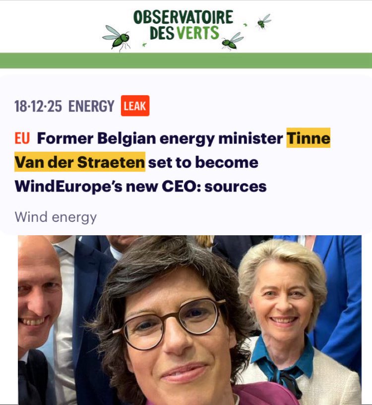Du gaz aux éoliennes ? Tant que ça paie ! 💸

Selon le média <a href="/Contexte/">Contexte</a>, l’ex-Ministre #Groen de l’Énergie, et ex-avocate de Gazprom, Tinne Van der Straeten, quitte le Parlement fédéral belge au profit du poste de CEO de l’ASBL #WindEurope (lobby des éoliennes auprès de l’UE).