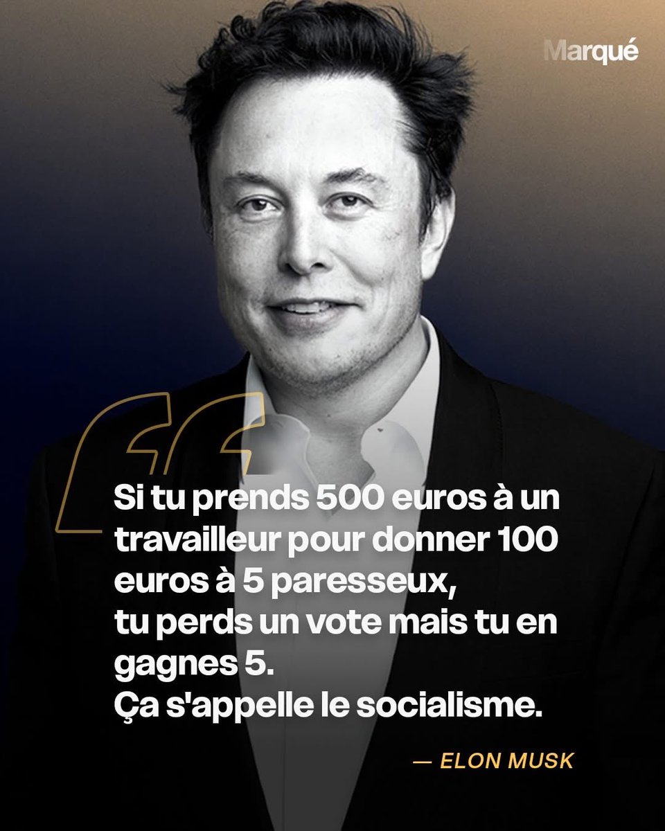 LBleuBlancRouge's tweet image. 🗣️ Elon Musk : 

« Si tu prends 500 euros à un travailleur pour donner 100 euros à 5 paresseux, tu perds un vote mais tu en gagnes 5. Ça s'appelle le socialisme. »