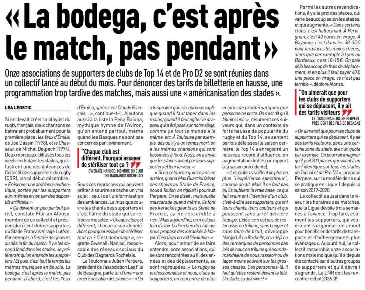 <a href="/CollectifSR/">Collectif des Supporters de Rugby</a>
Nous refusons l’uniformisation des tribunes. Le rugby ne se consomme pas, il se vit: chants, ferveur, déplacements, identité.
Sans supporters actifs, les stades vont  perdre leur âme. Nous défendons une ambiance populaire, bruyante, vivante, non aseptisée, non dictée