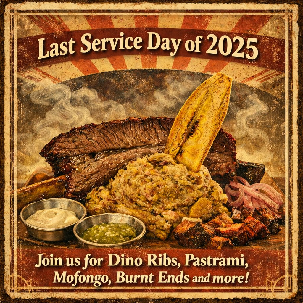 TODAY — Saturday is our LAST service day of the year!
After today we’re closing to prep for Christmas Eve catering, and we’ll be back January 7.

Pull up today and enjoy all your favorites:
🔥 Burnt Ends
🔥 Dinosaur Beef Ribs
🔥 Hot Sliced Pastrami
🔥 Baby Back Ribs
y mucho más