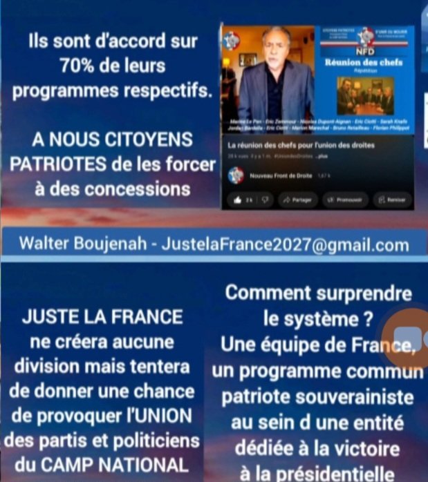 Walter_Boujenah's tweet photo. Ok, arguments recevables et incassables selon la regle de #Mosus
"Juger, c est comparer"
Bravo @MLP_officiel
En effet, meme si je trouve @J_Bardella trop jeune et pas assez experimenté pour la fonction presidentielle, il vaut en effet bien mieux que les @GabrielAttal @Elisabeth_Borne et bien sûr @EmmanuelMacron ou @EPhilippe_LH etc, autres outils fabriqués formatés sortant des memes castes, formation ENA sciences-po et parcours ouatés et qui osent se vanter d être issus des "partis de gouvernement" alors qu ils devraient se cacher tant ils ont detruit et mis en faillite la FRANCE, plus beau et grand pays du monde par son Histoire, en 45 ans...
Néanmoins, je persiste à dire et démontrer que NOUS devons former une EQUIPE DE FRANCE regroupant les souverainistes et patriotes sur la base #QuoiAvantQui
Seul le #PlanJLF @JLF2027Officiel a la solution et la meilleure piste pour la victoire.
⬇️
https://t.co/ZWAss9GIg3
Dommage que je sois boycotté et censuré partout depuis 7 ans...
@knafo_sarah @ZemmourEric @PhdeVilliers @MarionMarechal @davidlisnard etc 👍
