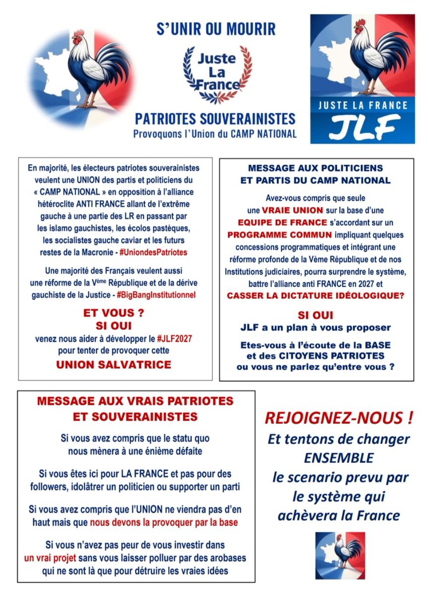 Walter_Boujenah's tweet photo. Ok, arguments recevables et incassables selon la regle de #Mosus
"Juger, c est comparer"
Bravo @MLP_officiel
En effet, meme si je trouve @J_Bardella trop jeune et pas assez experimenté pour la fonction presidentielle, il vaut en effet bien mieux que les @GabrielAttal @Elisabeth_Borne et bien sûr @EmmanuelMacron ou @EPhilippe_LH etc, autres outils fabriqués formatés sortant des memes castes, formation ENA sciences-po et parcours ouatés et qui osent se vanter d être issus des "partis de gouvernement" alors qu ils devraient se cacher tant ils ont detruit et mis en faillite la FRANCE, plus beau et grand pays du monde par son Histoire, en 45 ans...
Néanmoins, je persiste à dire et démontrer que NOUS devons former une EQUIPE DE FRANCE regroupant les souverainistes et patriotes sur la base #QuoiAvantQui
Seul le #PlanJLF @JLF2027Officiel a la solution et la meilleure piste pour la victoire.
⬇️
https://t.co/ZWAss9GIg3
Dommage que je sois boycotté et censuré partout depuis 7 ans...
@knafo_sarah @ZemmourEric @PhdeVilliers @MarionMarechal @davidlisnard etc 👍