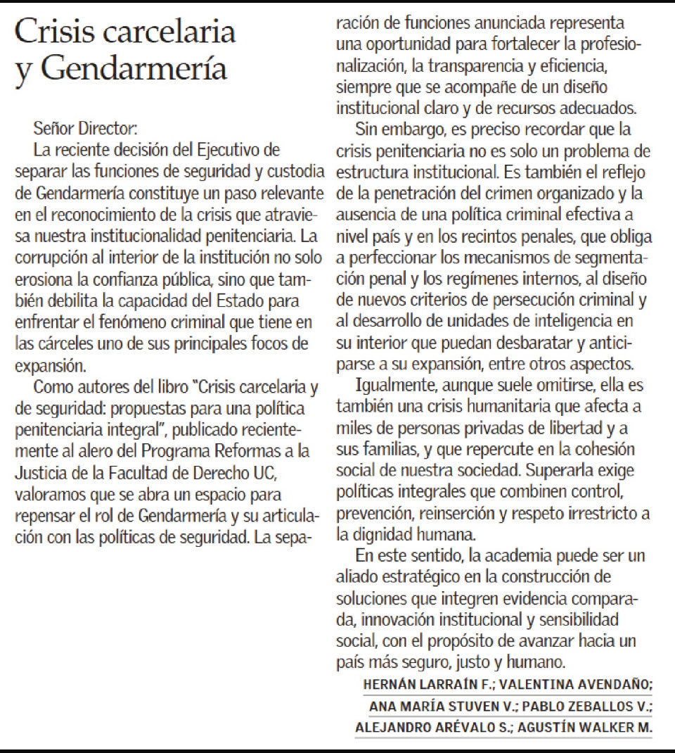 Sobre la crisis en Gendarmería, una opinión desde el Programa de Reformas a la Justicia, Derecho UC