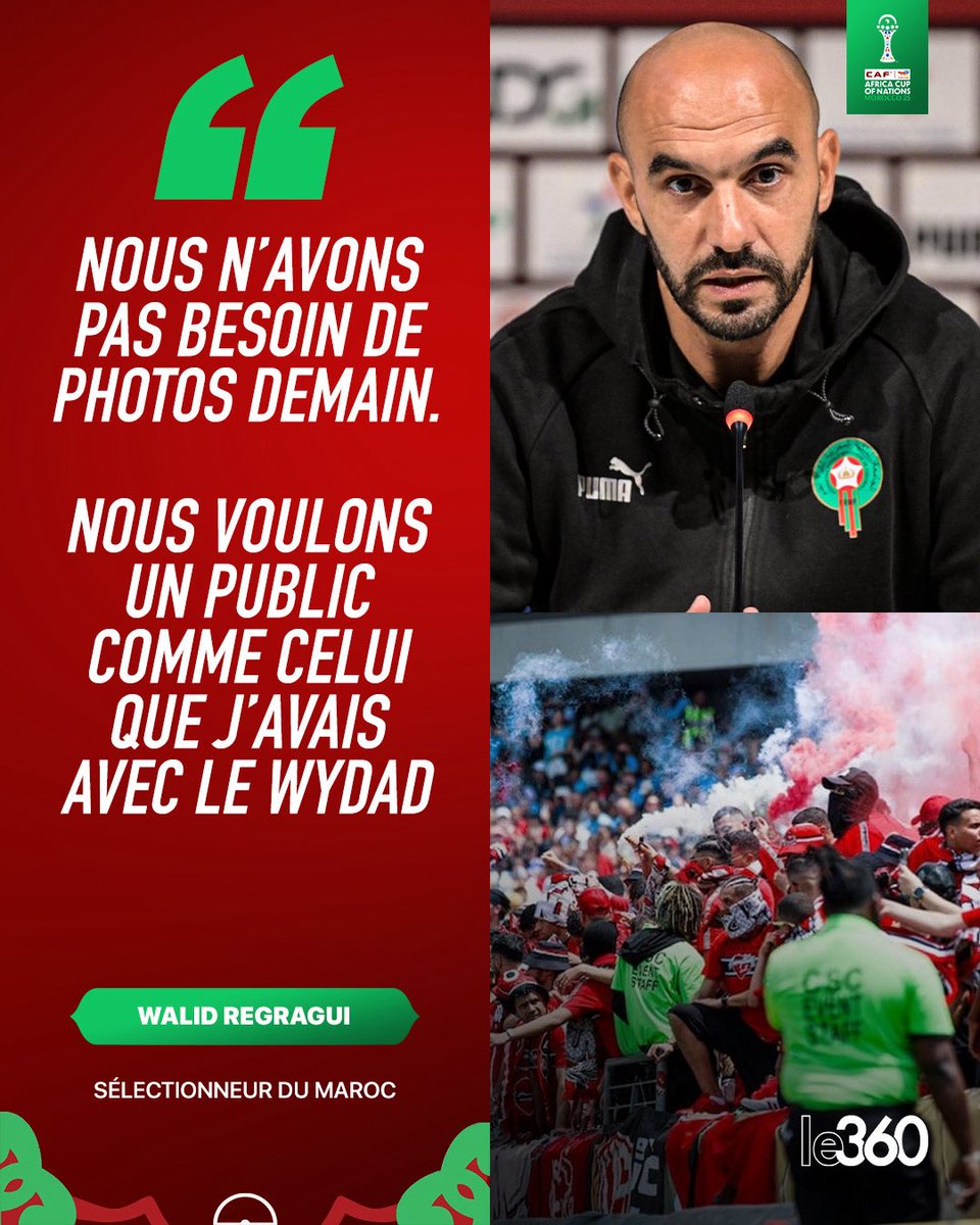 Le360fr's tweet image. 🇲🇦💬 Walid Regragui « Ceux qui viennent pour les photos et les petits fours de la mi-temps, nous n’avons pas besoin de leur présence. Nous voulons un public comme celui que j’avais avec le Wydad »