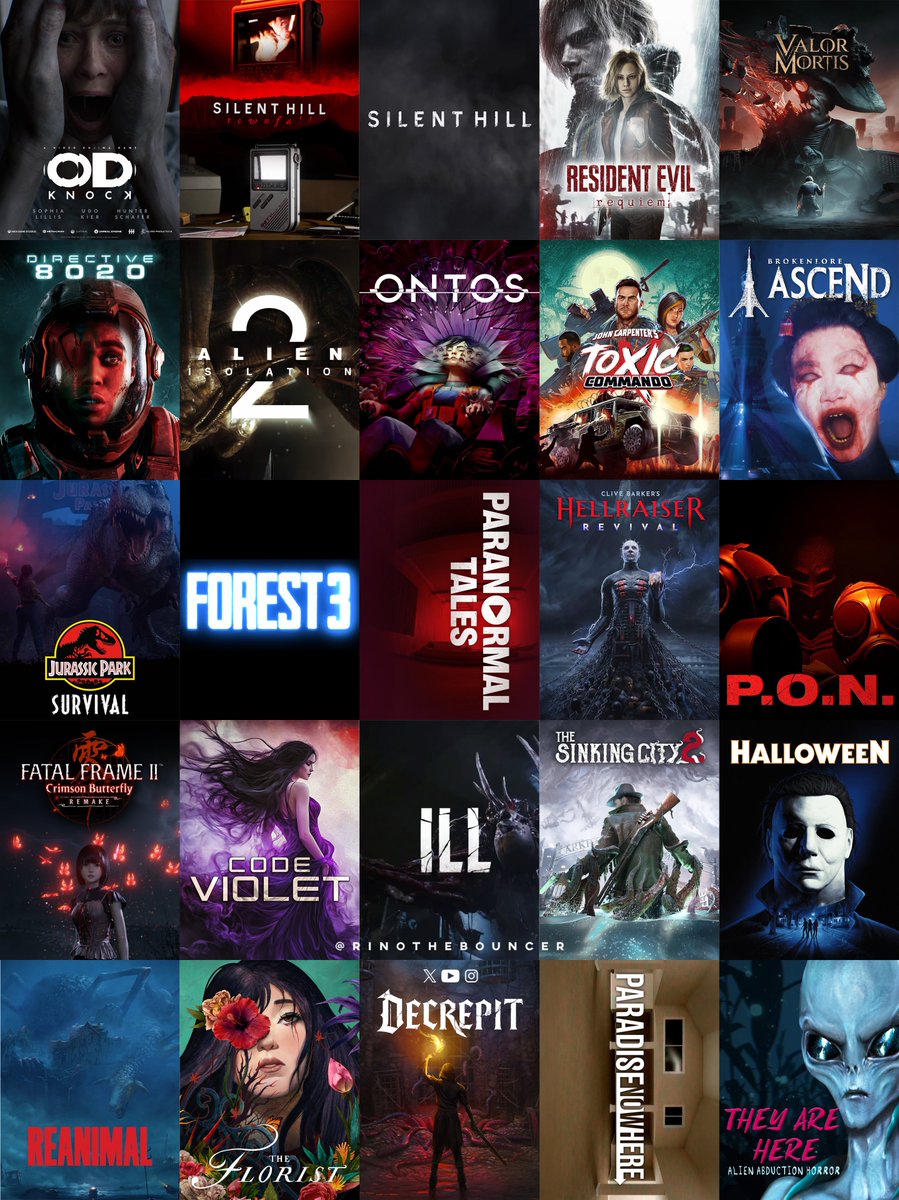 RinoTheBouncer's tweet image. Upcoming horror and horror-adjacent games🚀

✅Hideo Kojima OD
✅Silent Hill Townfall
✅Silent Hill (remake)
✅Resident Evil: Requiem
✅Valor Mortis
✅Directive 8020
✅Alien Isolation 2
✅ONTOS
✅John Carpenter’s Toxic Commando
✅BrokenLORE: Ascend
✅Jurassic Park: Survival…