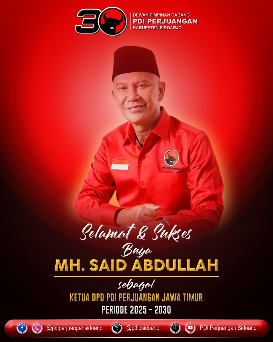 Segenap keluarga besar PDI Perjuangan Kabupaten Sidoarjo mengucapkan Selamat &amp; Sukses atas terpilihnya Buya MH. Said Abdullah sebagai Ketua DPD PDI Perjuangan Jawa Timur periode 2025 - 2030.
.
#KonferdaJatim
#PDIPerjuangan
#pdiperjuanganjatim
#pdiperjuangansidoarjo