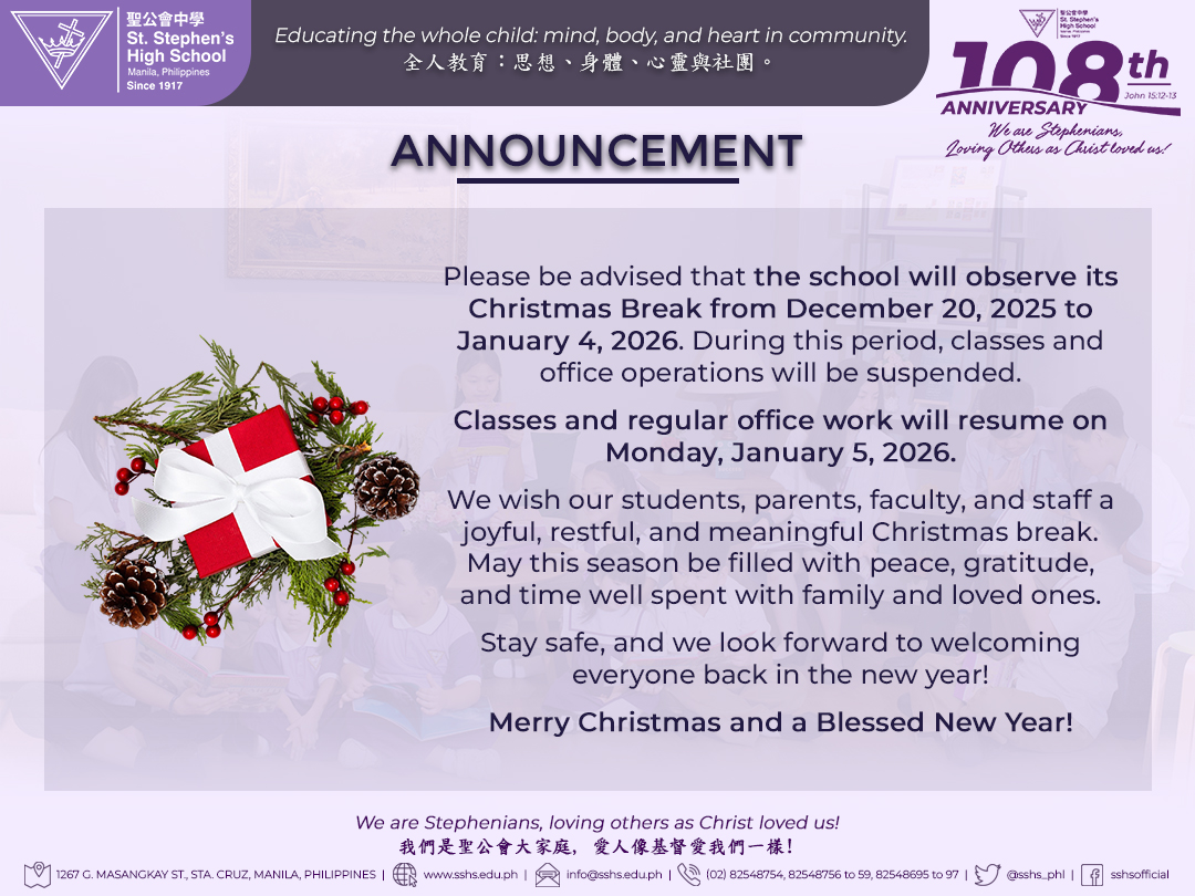 sshs_phl's tweet photo. Please be advised that the school will observe its Christmas Break from December 20, 2025 to January 4, 2026. During this period, classes and office operations will be suspended.

Classes and regular office work will resume on Monday, January 5, 2026. https://t.co/p8xHo4lGPf