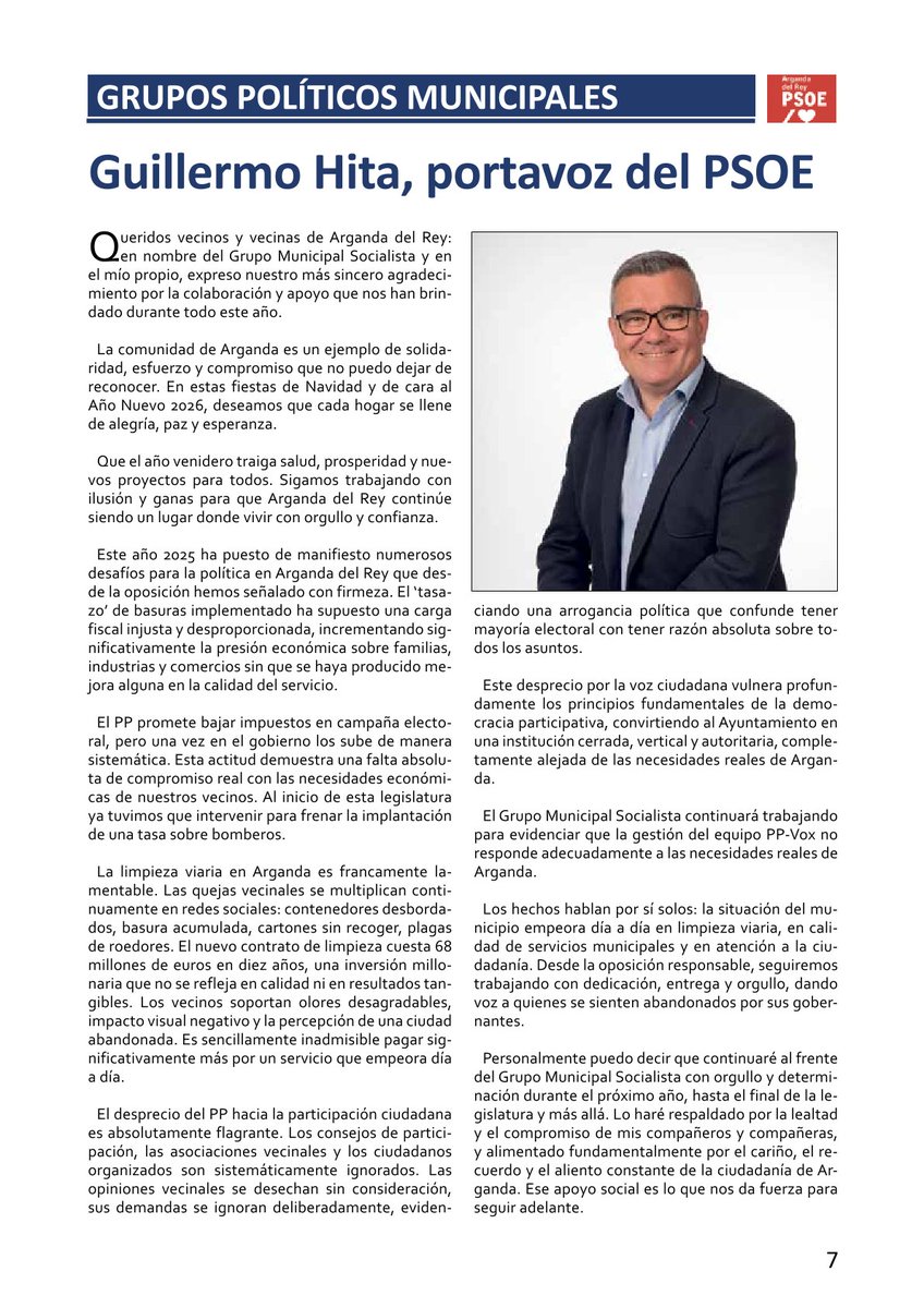 Gracias a <a href="/diarioarganda/">Diario de Arganda</a> por darme la oportunidad de felicitar la Navidad y hacer balance de este año 2025 que ahora termina.
"Personalmente puedo decir que continuaré al frente del Grupo Municipal Socialista con orgullo y determinación durante el próximo año, hasta el final de