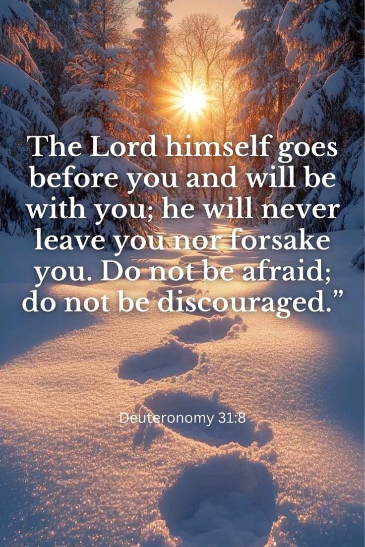Good morning, dear friends!  

On this crisp December morning, Deuteronomy 31:8 speaks powerfully to our hearts: 

"The Lord himself goes before you and will be with you; he will never leave you nor forsake you. Do not be afraid; do not be discouraged." 

Those footprints in the
