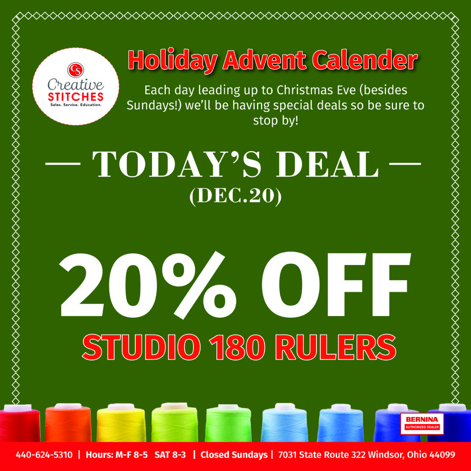 MiddlefieldPost's tweet image. 🎄Today’s Advent Deal at Creative Stitches!

🔥 20% OFF Studio 180 Rulers – Dec. 20 only!

Perfect gift for quilters + sewists 🎁

Stop in and save ➡️ 7031 State Route 322, Windsor OH

#CreativeStitches #HolidayDeal #QuiltingCommunity #SewingSale #Studio180 #ShopLocal #bernina