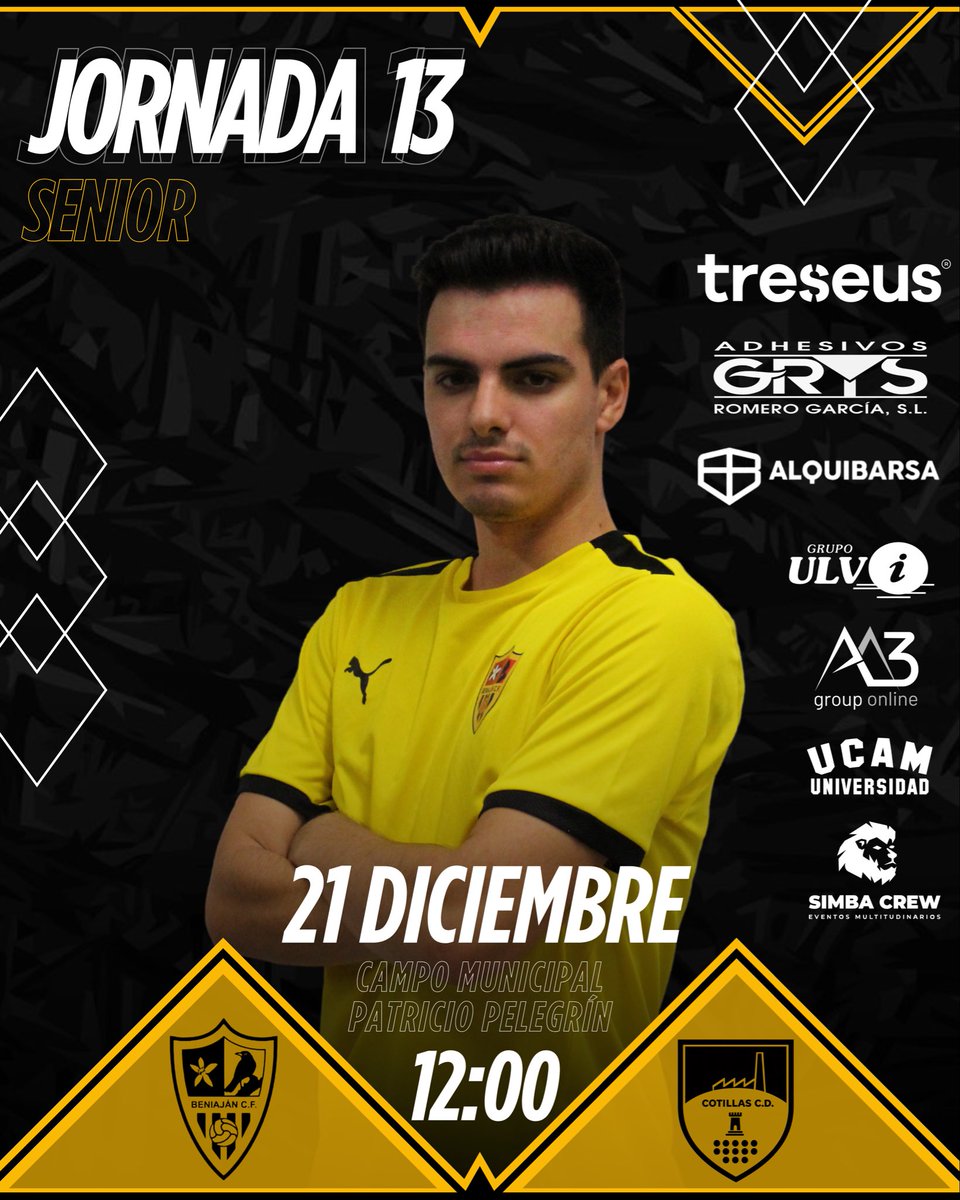 //SENIOR//

JORNADA 13 ✅

SENIOR 🆚 COTILLAS C.D.

Domingo 21 Diciembre🗓️

12:00 ⏰

Campo Municipal Patricio Pelegrín 📍
 
VAMOS AMARILLOS💛🖤