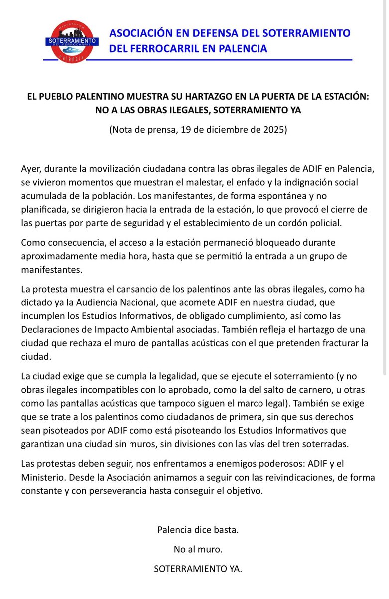 Nota de prensa sobre la concentración convocada el jueves 18 de diciembre por la Federación de Asociaciones de Vecinos de Palencia contra las obras ilegales de Adif en Palencia