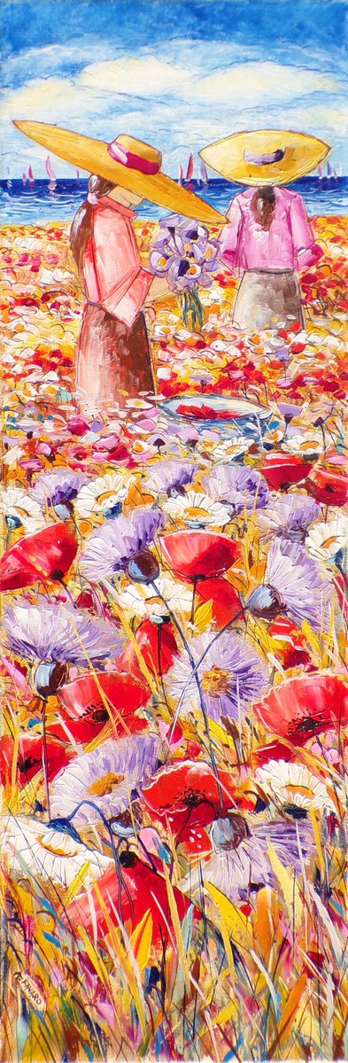Oggi pubblico un mio dipinto ad olio su tela, " Figure, fiori e marina ", cm 20x60.