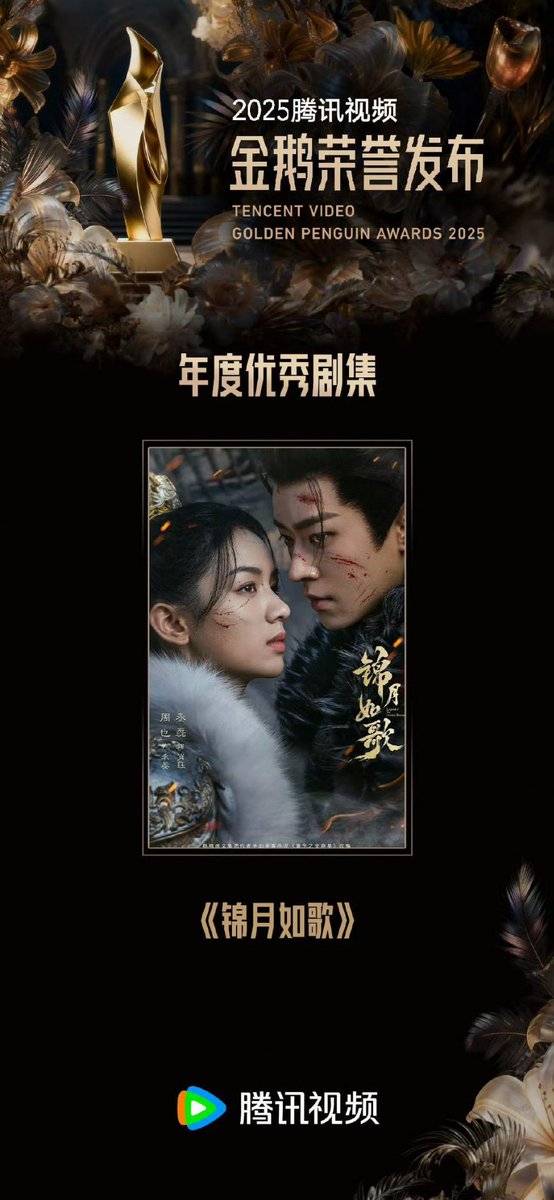 📣 251220 #LegendofTheFemaleGeneral weibo updates for 2025 Tencent Video Golden Penguin Awards~

"Congratulations to "Jin Yue Ru Ge" for winning the 《Outstanding Drama Series of the Year》 for Tencent Video in 2025. 

Thank you Tencent for the recognition, and thank you to