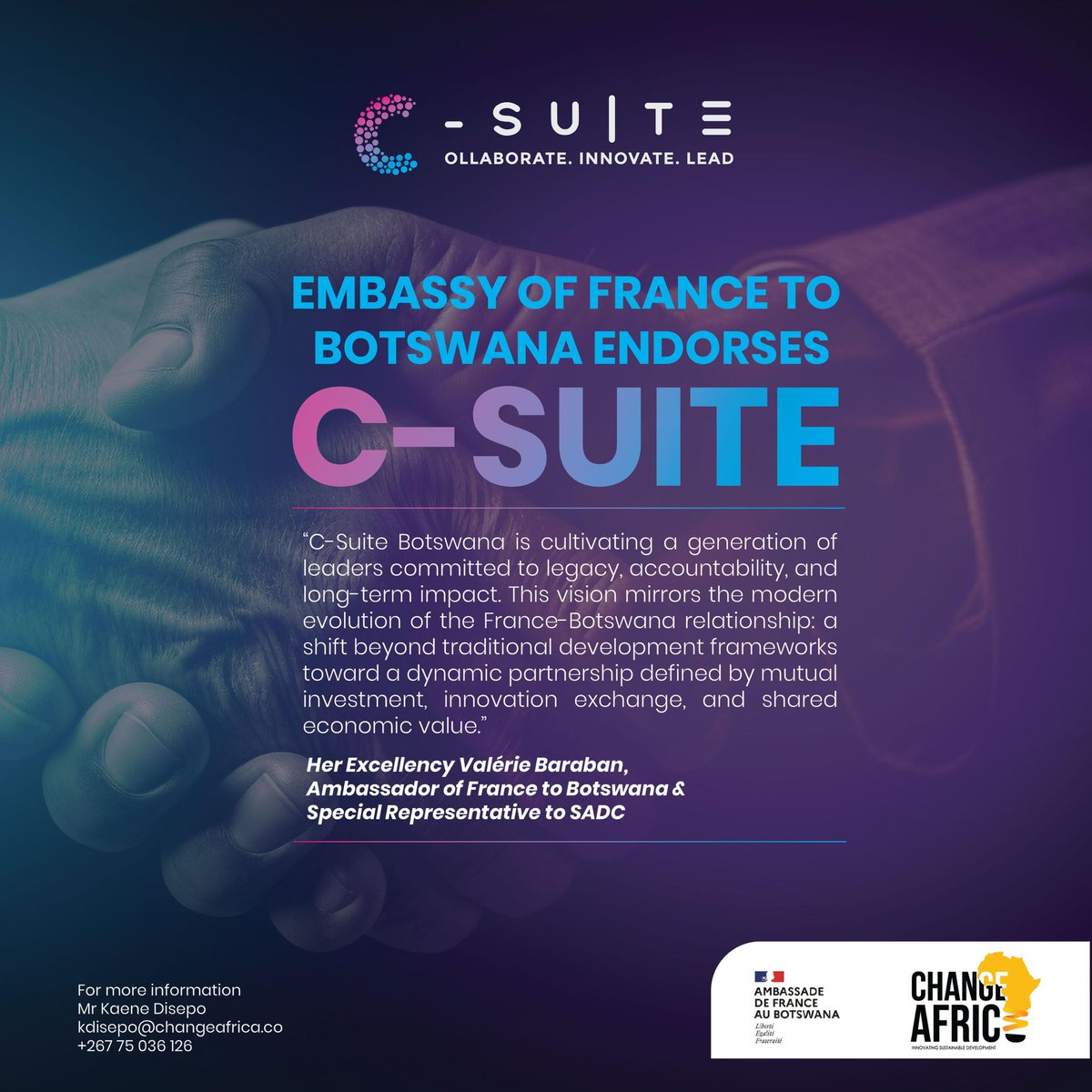 We are proud to announce that <a href="/ChangeAfrica_BW/">Change Africa</a>’s C-Suite has been formally endorsed by the Embassy of France in Botswana <a href="/ValerieBaraban/">Valerie Baraban</a> 🇫🇷🇧🇼
