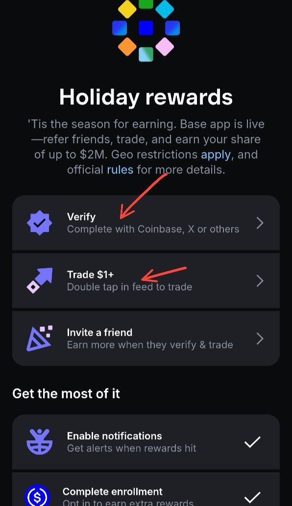 For Limited Time <a href="/base/">Base</a> App Holiday Gift Mega Rewards Event 

💰 Total Prize Pool: $2,000,000 USDC
🏆 Top 500,000 users will get rewards

➡️ Rewards depend on Points → Wallet Balance
➡️ Event Period
➡️ 17 December 2025 – 21 December 2025
 
🔗 Register here:-