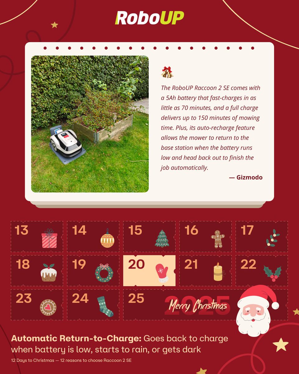 iRoboUP's tweet photo. ๐ 12 Reasons for Raccoon 2 SE
๐ Reason 8: Automatic Return-to-Charge
"The mower can automatically return to the base station and resume mowing to finish the job."
๐ Learn more on Kickstarter: https://t.co/IKKmW5JacJ
#RoboUP #Raccoon2SE #RobotMower #SmartMower #Kickstarter #Crowdfunding #Christmas #ChristmasSpecial #LawnCare