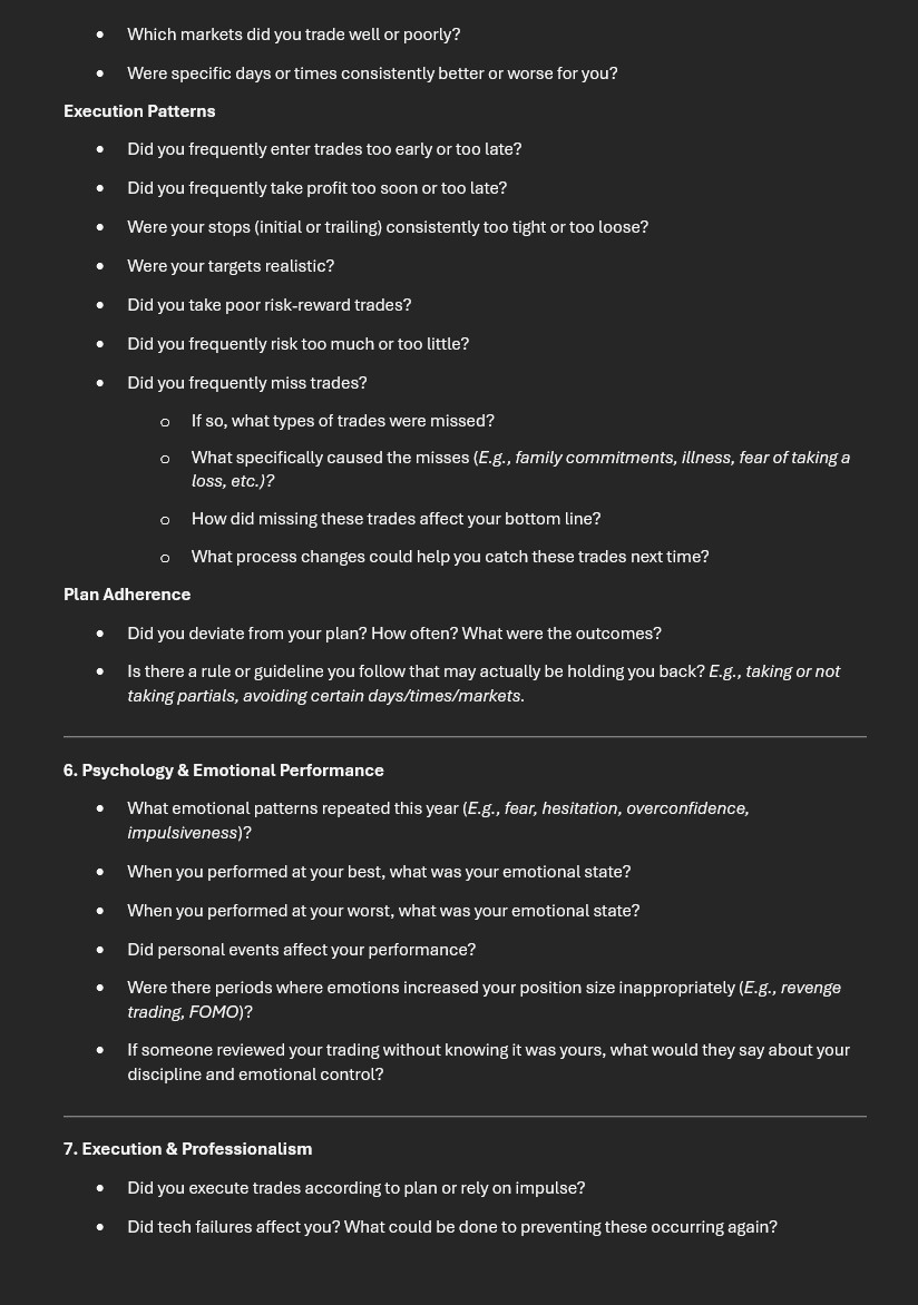 Trader_Dante's tweet image. A traders year-end review comes down to three questions: What worked well?  What didn’t?  What's next?  

Here is a structured 2025 Trading Performance Review for a deep dive into key issues including: edge decay, execution, psychology and more.

PDF: drive.google.com/file/d/1QPdnGS…